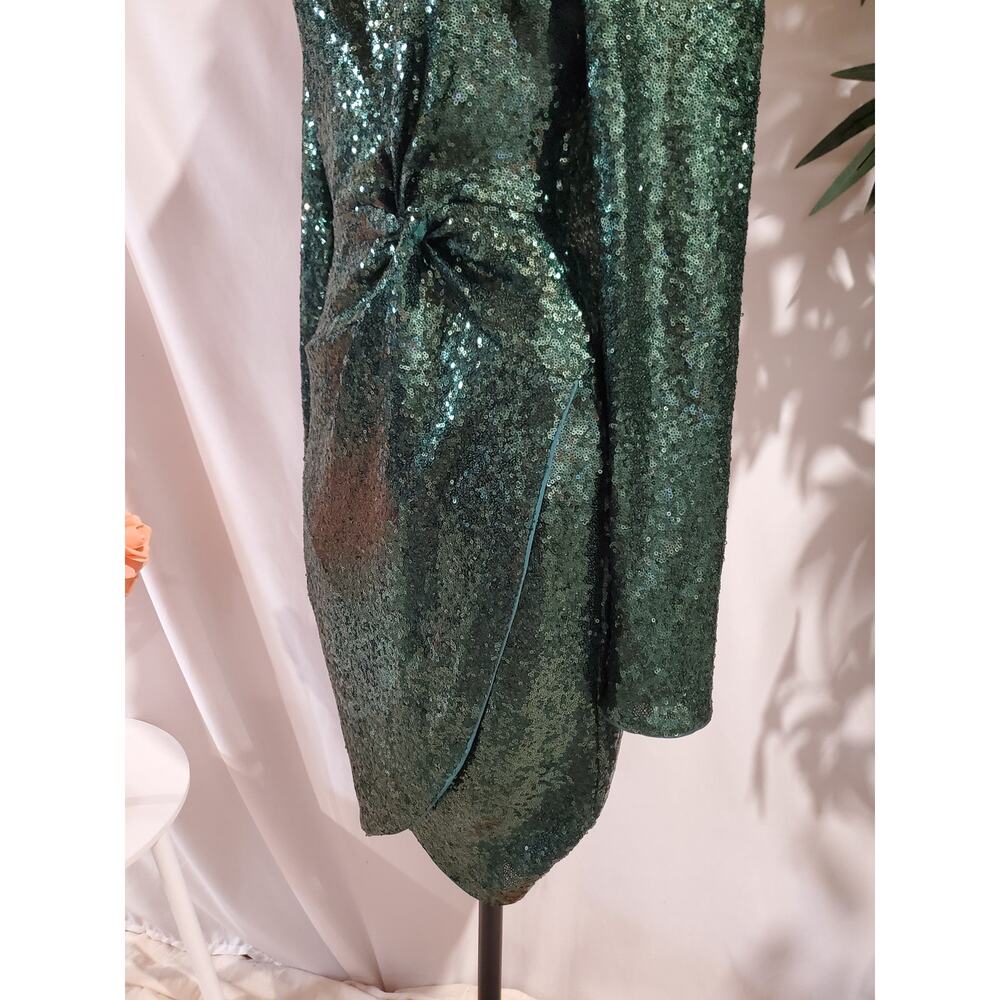 Guess Sequin Faux Wrap Twist V-Neck Long Sleeve Bodycon Dress Sz 8 Emerald Green - Picture 5 of 12